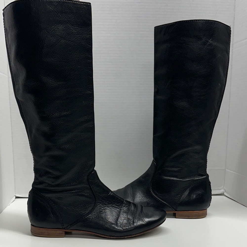 Frye Jillian Pull On Tall Riding Moto Boots Soft Leather Side Zip Black Size 8